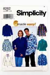 8262 SIMPLICITY UNISEX PULLOVER ZIPPY TOPS HOODS OR NOT PATTERN L-XL UNCUT